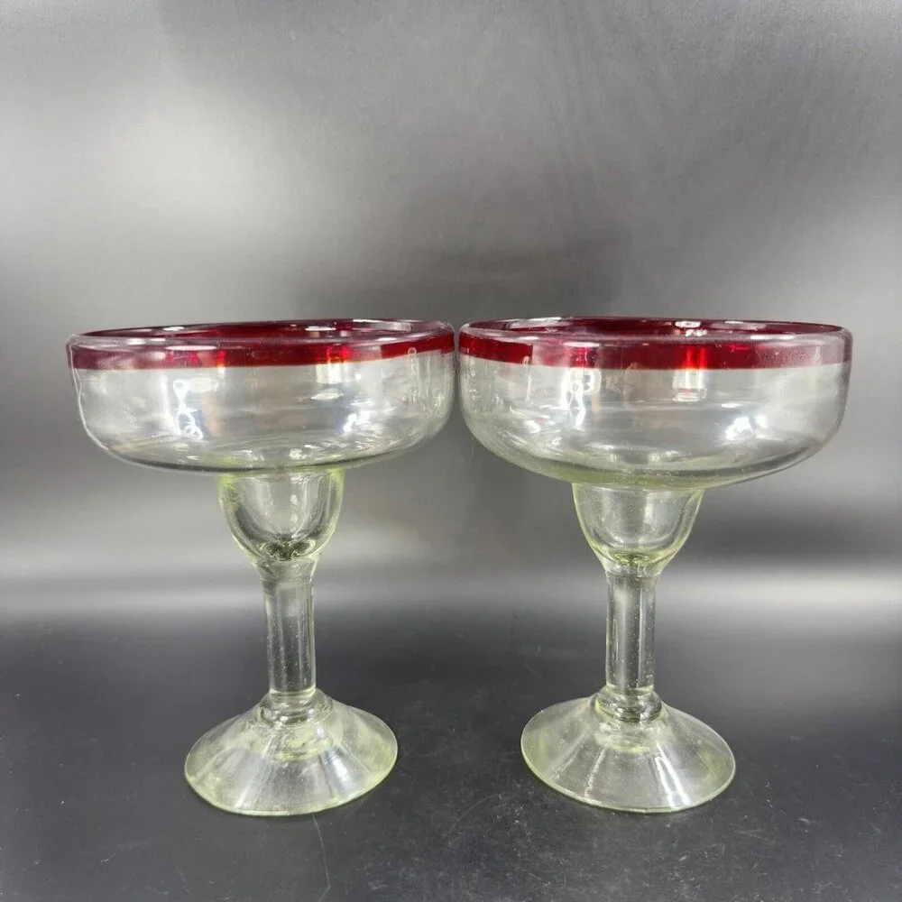 Hand Blown Clear Margarita Drinking Glasses Set 2 With Red Edges Hand Made Glass